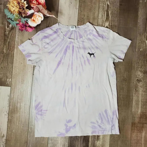 PINK Victoria's Secret Purple Tie-Dye Campus Crewneck Tee Size Small - Picture 1 of 16